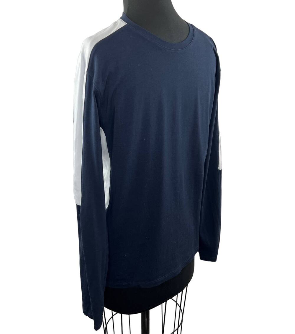 Patrick Assaraf Pima Cotton Round Neck Colorblock Long Sleeve Tee Blue & White M